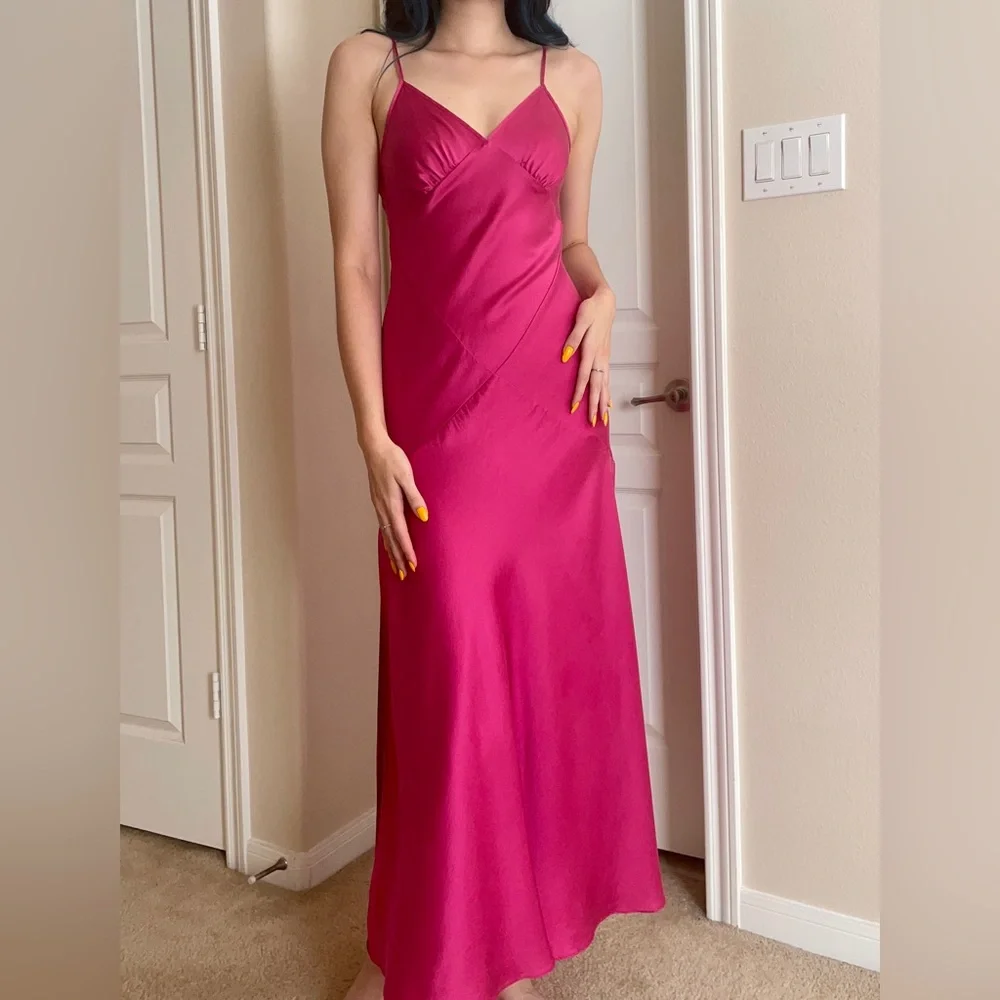 Vintage Y2K Rare Victoria Secret 100% Silk Hot Pink Maxi Slip Dress Nightgown - Picture 1 of 12